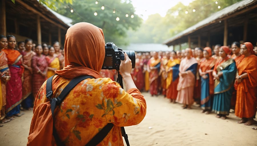 Photographer capturing a cultural ceremony while maintaining distance and using unobtrusive equipment