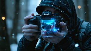 A photographer holding a next-generation camera equipped with AI and metalens, capturing a vibrant scene with holographic enhancements showing real-time adjustments for optimal photo quality.