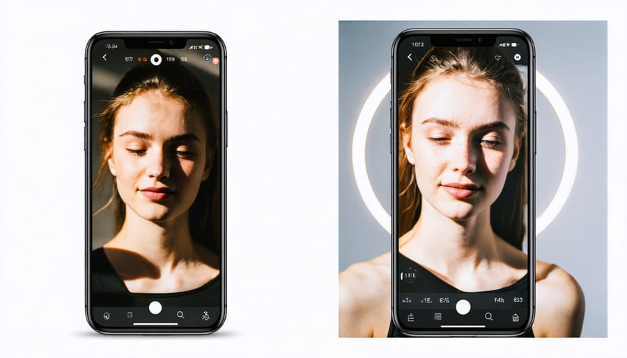 Side-by-side comparison of portrait photos showing the difference with and without ring light