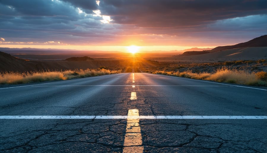 Sunset photograph with rule of thirds grid overlay showing optimal positioning of horizon and sun