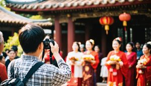 "Photographer discreetly capturing a vibrant cultural ceremony from a respectful distance, highlighting the blend of modern technology and traditional cultural practices."