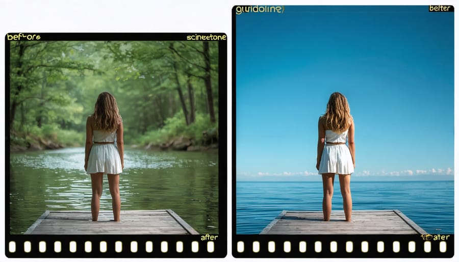 Before and after comparison of video footage demonstrating scinetone color grading effects