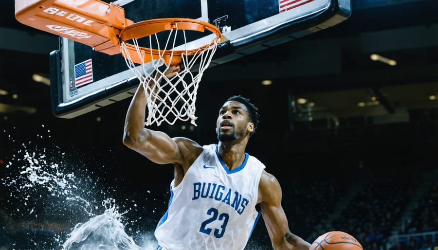 Basketball player suspended mid-air during slam dunk with motion perfectly frozen
