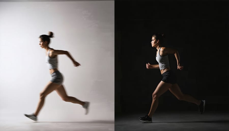 Three photos of a running athlete showing motion blur vs frozen action at different shutter speeds