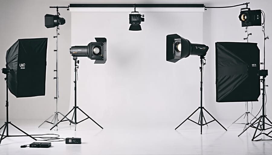 Modern photography studio setup featuring smart lighting equipment with digital displays and controls
