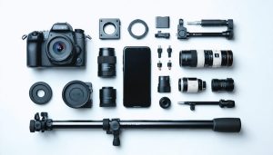 A smartphone surrounded by photography accessories, including lens attachments, a tripod, and a stabilizer, symbolizing the transformation of phone into a professional camera.