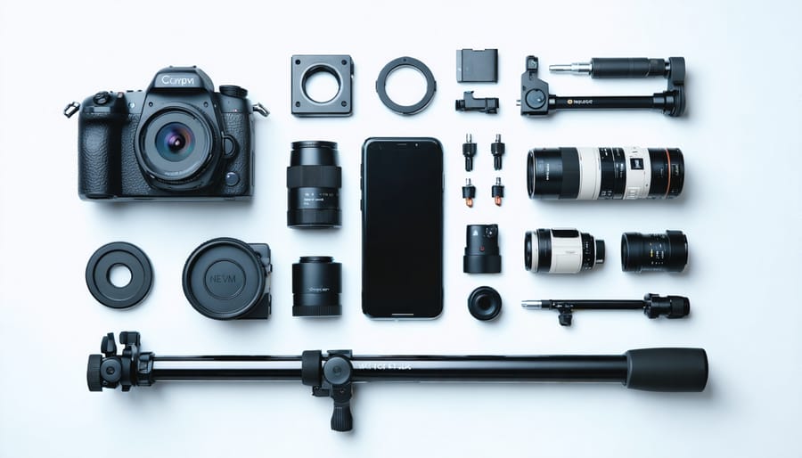 A smartphone surrounded by photography accessories, including lens attachments, a tripod, and a stabilizer, symbolizing the transformation of phone into a professional camera.