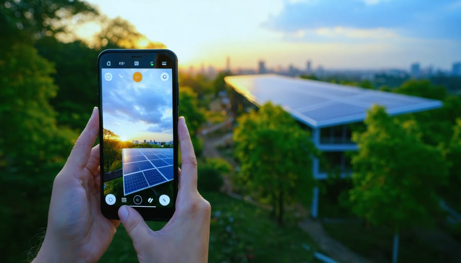 A smartphone in the foreground capturing an image of solar panels during the golden hour, with a background showcasing a harmonious skyline blending nature and sustainable architecture.