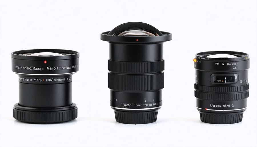 Various smartphone camera lens attachments displayed showing different sizes and types