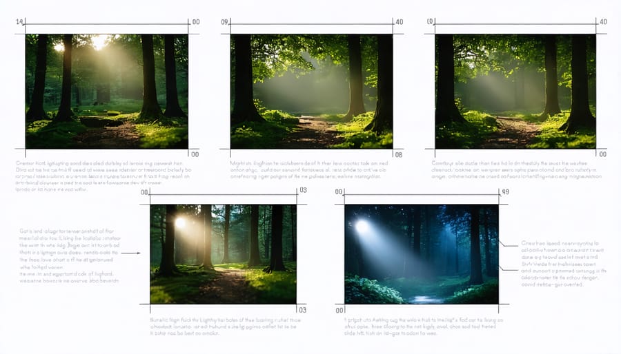 Detailed storyboard panel showing lighting direction arrows, shadow placement, and mood annotations