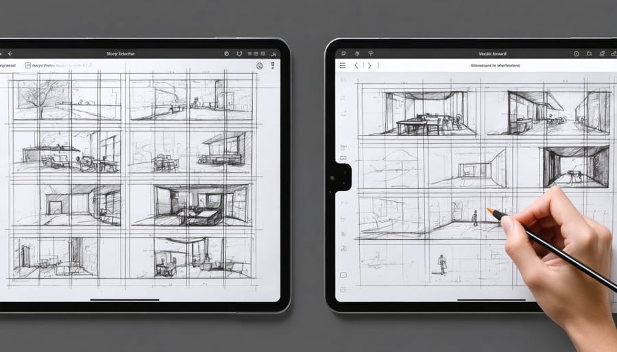 Split-screen visual comparing traditional paper storyboard sketches against digital storyboard designs on a tablet, highlighting tools for cinematic video creation.