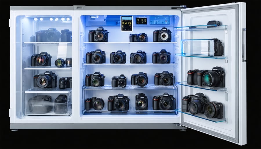 Neatly organized camera equipment displayed in a humidity-controlled storage cabinet with visible temperature and humidity gauges, illustrating proper storage for sustainable photography gear maintenance.