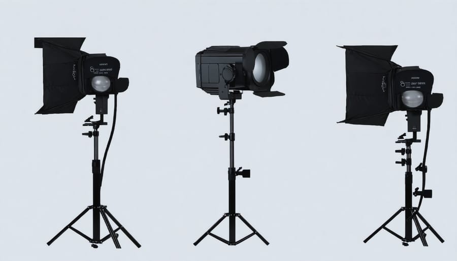 Diagram showing three-point lighting setup with key, fill, and back lights positioned around a subject