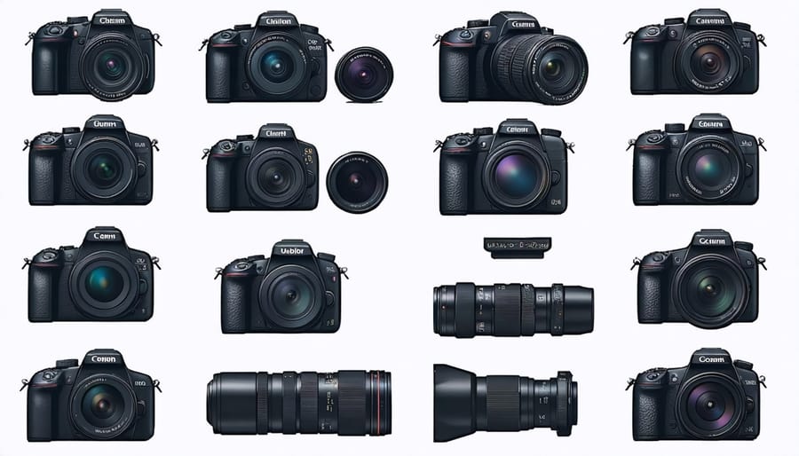 Collection of highly-rated cameras and lenses arranged in a grid with star ratings