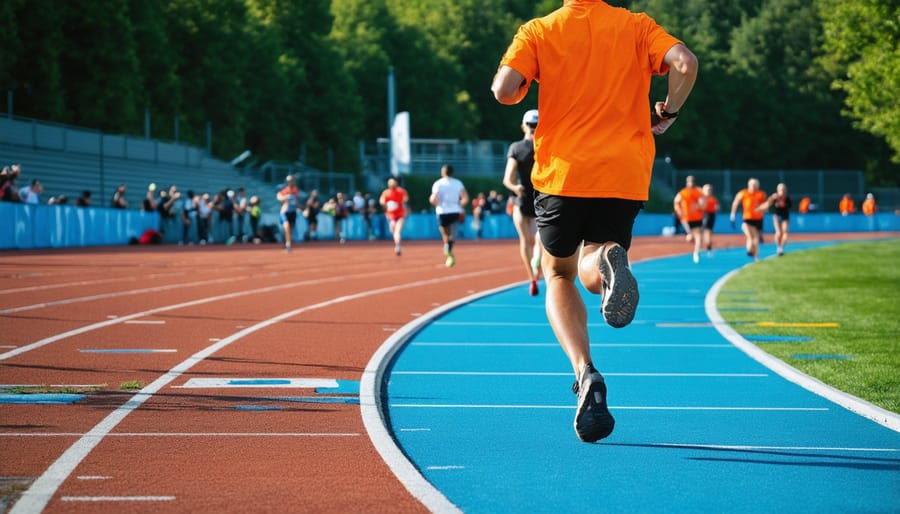 Sports photographer crouching at track curve with telephoto lens as runners approach