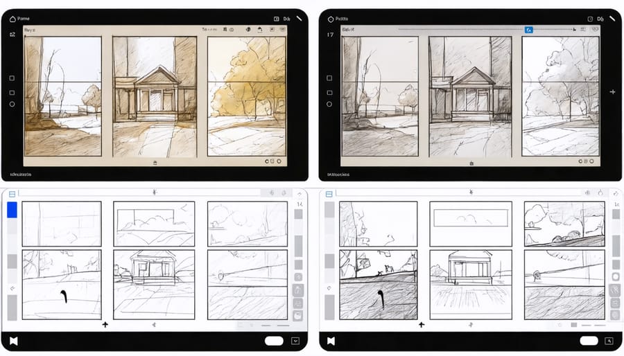Split screen showing traditional paper storyboard sketches versus digital storyboarding on a tablet device