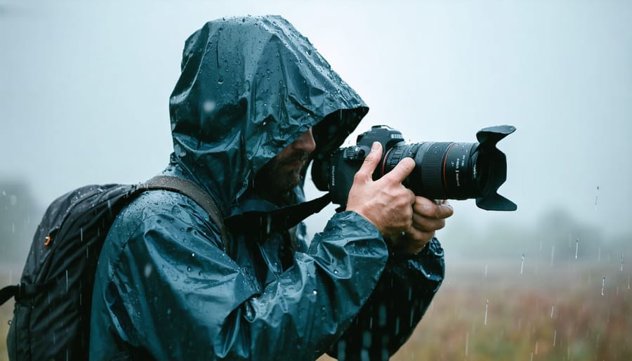 Photographer demonstrating proper weather protection for camera equipment in rain