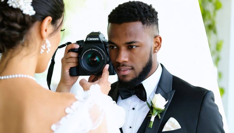 Experienced wedding photographer guiding a mentee while photographing a bride and groom