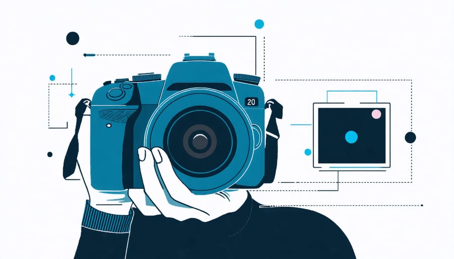 Diagram demonstrating correct hand positioning and stance for stabilizing a zoom camera