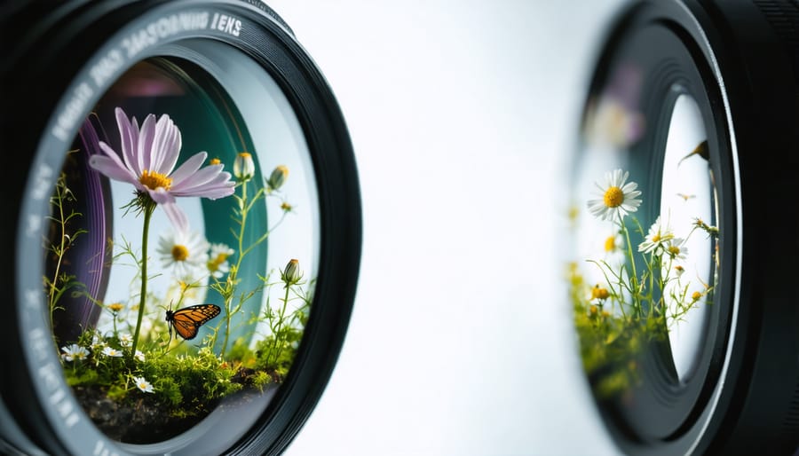 Illustration of a zoom lens evolving into a macro lens, depicting tiny flowers and insects visibly within the glass, symbolizing enhanced macro photography capabilities.
