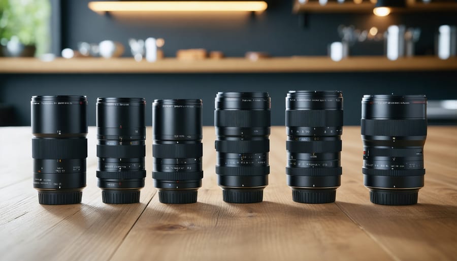 A visually appealing arrangement of 7artisans manual focus lenses on a smooth wooden surface, highlighting the lenses' robust construction and intricate details, emphasized by soft background bokeh.