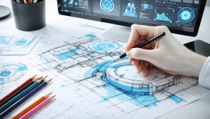 Creative workspace showing harmonious interaction between a human designer sketching on a notepad and digital screens with AI-assisted design drafts, symbolizing the collaboration between AI and human creativity in graphic design.