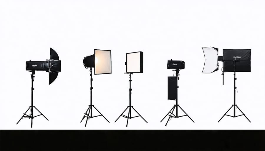 Labeled illustration of essential indoor photography lighting equipment for beginners