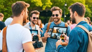Diverse group of photographers networking outdoors, sharing digital portfolios on tablets and smartphones, engaging in creative conversations.