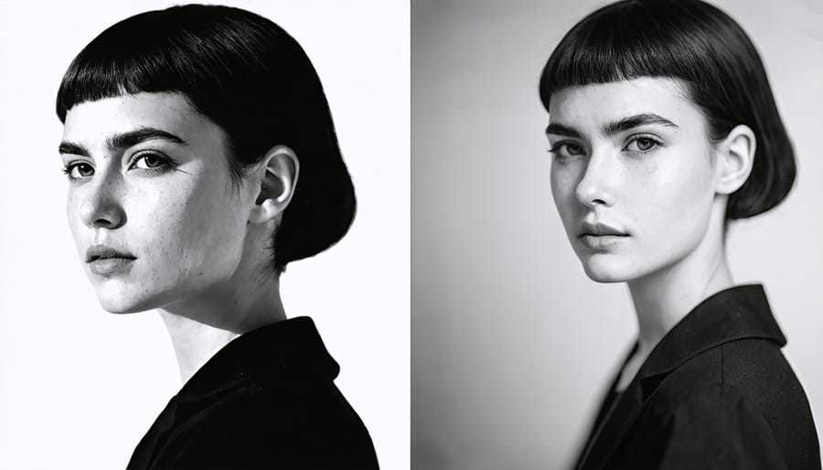 Side-by-side comparison of an unedited and professionally edited black and white portrait
