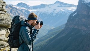 A professional photographer in a mountainous terrain catches a slipping camera, highlighting the importance of having insurance for expensive photography equipment.