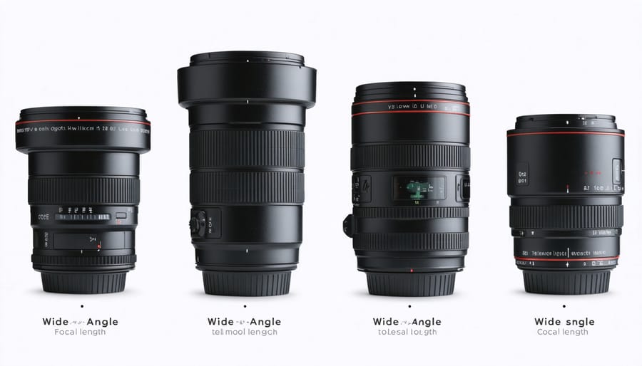 An artistic display of camera lenses arranged in a semicircle, showcasing different focal lengths from wide-angle to telephoto, each connected by lines, symbolizing the transition from capturing landscapes to portraits.
