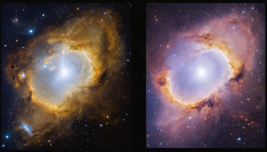 Comparison showing enhanced red nebula details in modified camera image versus standard camera image