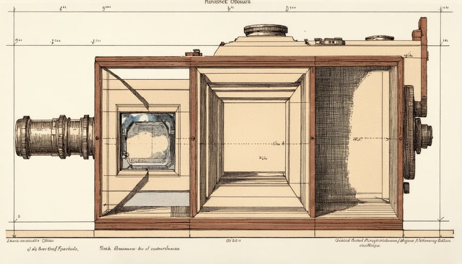 Historical technical drawing showing the principles of camera obscura with light rays entering a darkened room through a small hole
