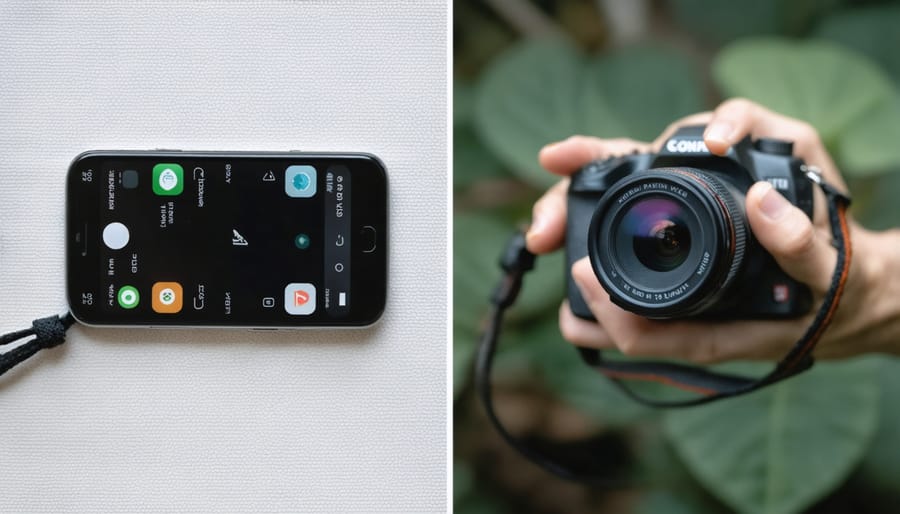 Split image comparing smartphone and point-and-shoot camera photo quality in low light conditions