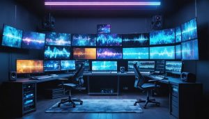 A conceptual scene of a film editing studio showcasing an artistic transformation of raw footage into a cinematic masterpiece, featuring screens with editing timelines and color grading elements.