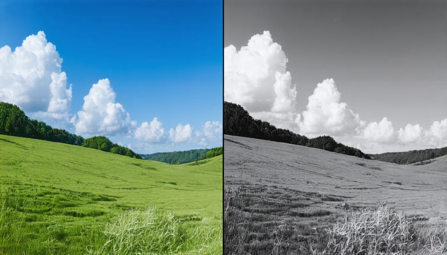 Split screen showing a dramatic landscape photograph in both color and monochrome versions
