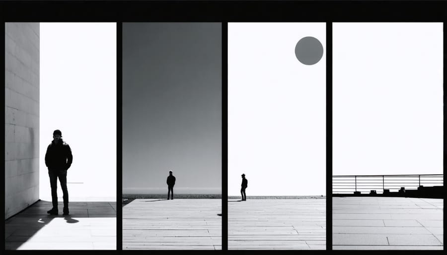 Grid showing four common mistakes in black and white photography: poor contrast, muddy midtones, loss of detail, and blown highlights