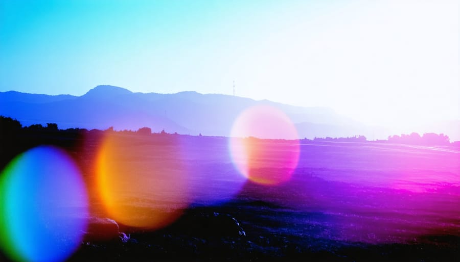 Landscape photograph with colorful light leaks creating an ethereal effect