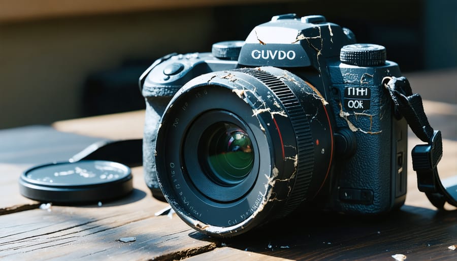 Professional camera with damaged lens and body showing the need for insurance protection