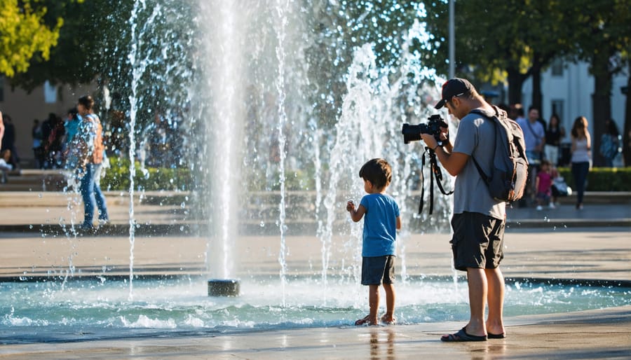 Street photographer crouching to capture children joyfully playing in urban water fountains