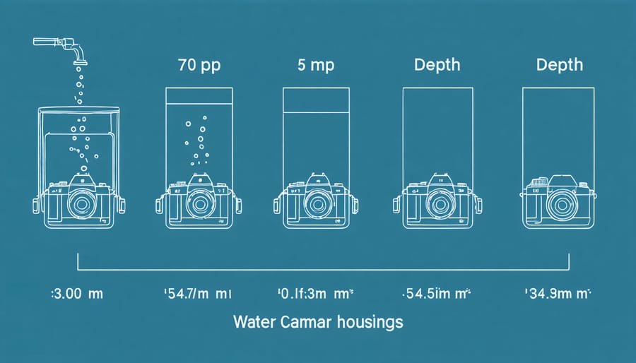 Technical illustration showing depth ratings and pressure resistance for underwater camera housings