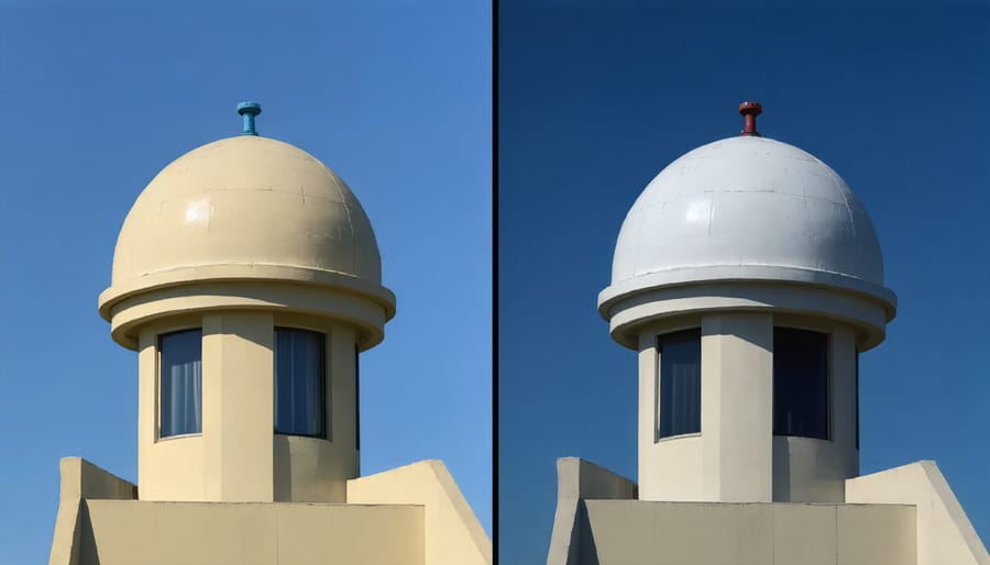 Split image showing underwater photo quality difference between standard and dome port