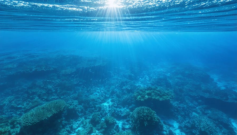 Half-underwater photograph of coral reef below and sky above using split-shot technique