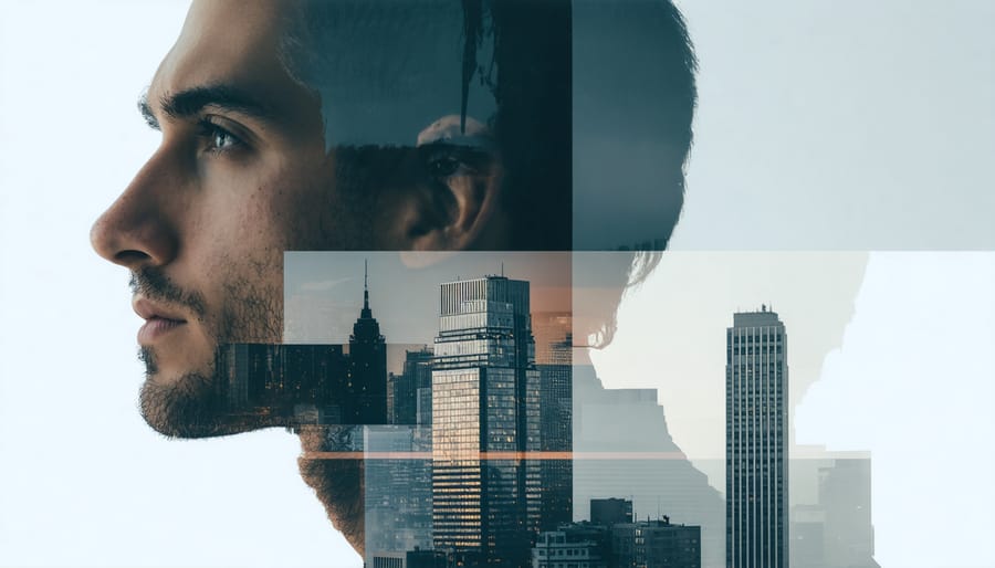 Creative double exposure photograph merging a portrait with city buildings