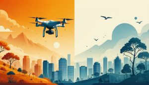 An illustration depicting a drone hovering over a cityscape transitioning into a natural landscape, symbolizing the balance between creative freedom and ethical responsibility in drone photography.