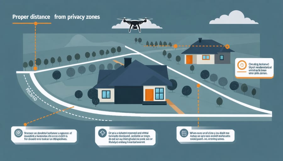 Visual guide showing recommended drone distance from private properties and privacy zones