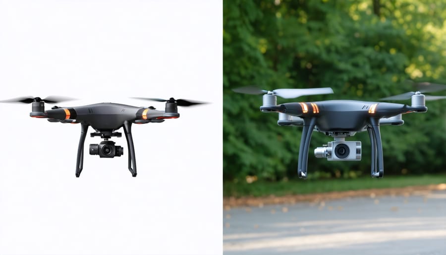 Size comparison between a compact consumer drone and a professional cinematography drone