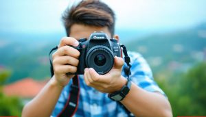 A young photographer adjusting the settings on a DSLR camera with a scenic backdrop, symbolizing the journey from using auto mode to mastering manual settings.