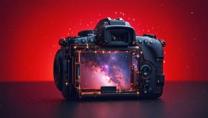 A DSLR camera with internal components visible against a starry night sky, illustrating its transformation into a deep space photography tool, featuring enhanced red nebulae.