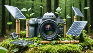 A camera lens made from eco-friendly materials like bamboo and recycled metal, surrounded by green foliage and solar panels, illustrating the blend of technology and environmental consciousness in photography.